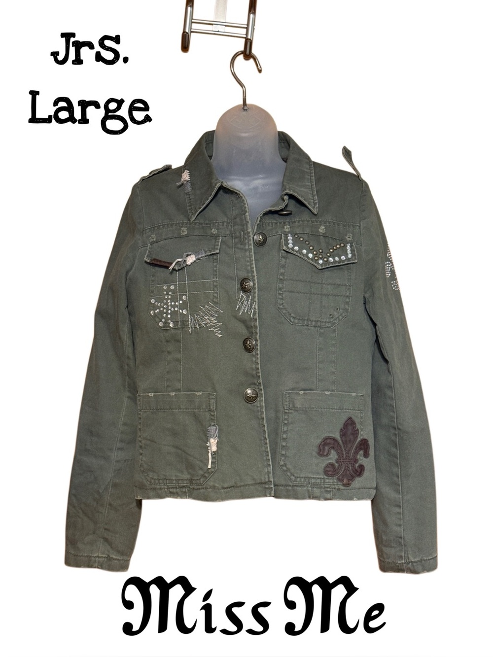 Miss Me Olive Green Distressed Embellished Utility Fleece Lined Jacket L